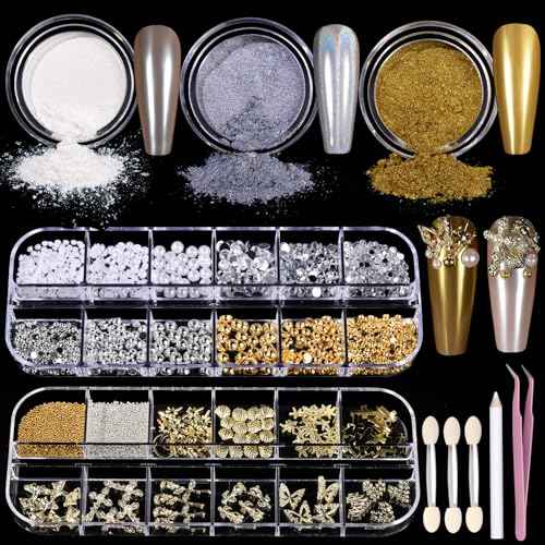 Teenitor Gold Chrome Nail Powder Kit with Nail Charms and Gems, Pearl Nail Chrome Powder for Nails, Silver Crome Powder for Gel Nails, Nail Supplies Nail Decor