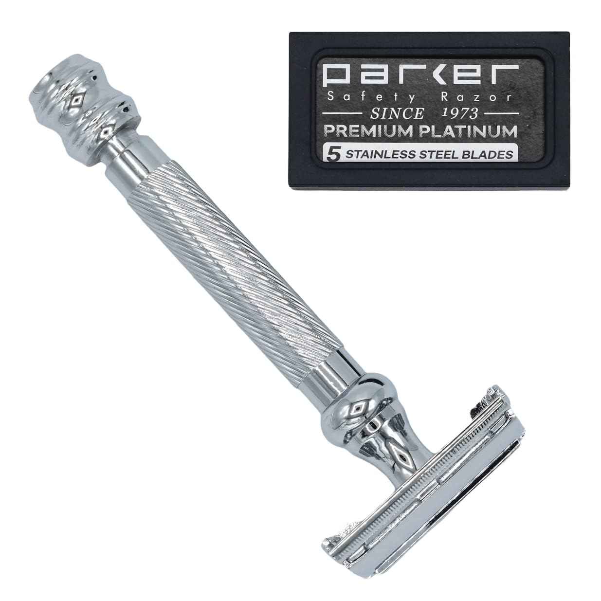 Parker 99R Chrome Long Handle Heavyweight Butterfly Open Double Edge Safety Razor for Men | 5 Parker Premium Platinum Double Edge Razor Blades Included | Iconic Brand