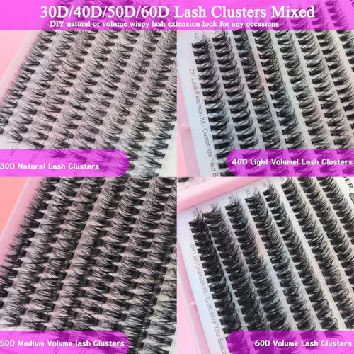 DAODER Lash Clusters Kit 640Pcs Wispy Fluff Eyelashes 9-13mm D Curl