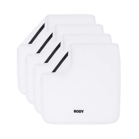 Crafty Cloth 4-Pack Spa Body Cloths | Dual-Sided for Luxurious Soft Lather or Deep Exfoliating Rigid Scrub | Embroidered for Personalized Skin Care (White, Embroidered 4-Piece Set)