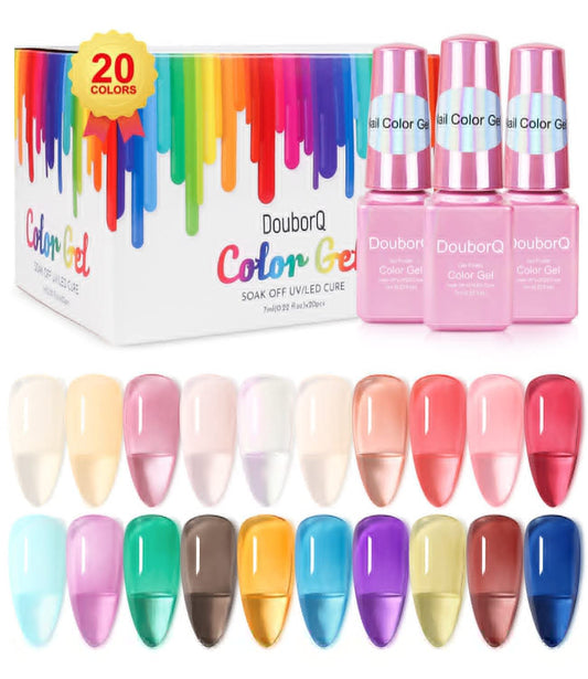 DouborQ 20 Bottles Jelly Gel Nail Polish Glass Translucent Crystal Blue Pink Red Pink Clear Green Yellow Purple Colors UV Soak Off LED Gel 7ml Soak Off Manicure Kit