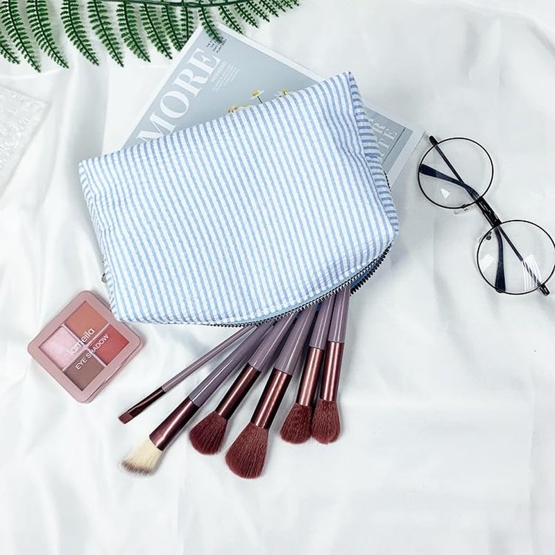 6-Pack Light Blue Seersucker Makeup Bags Set