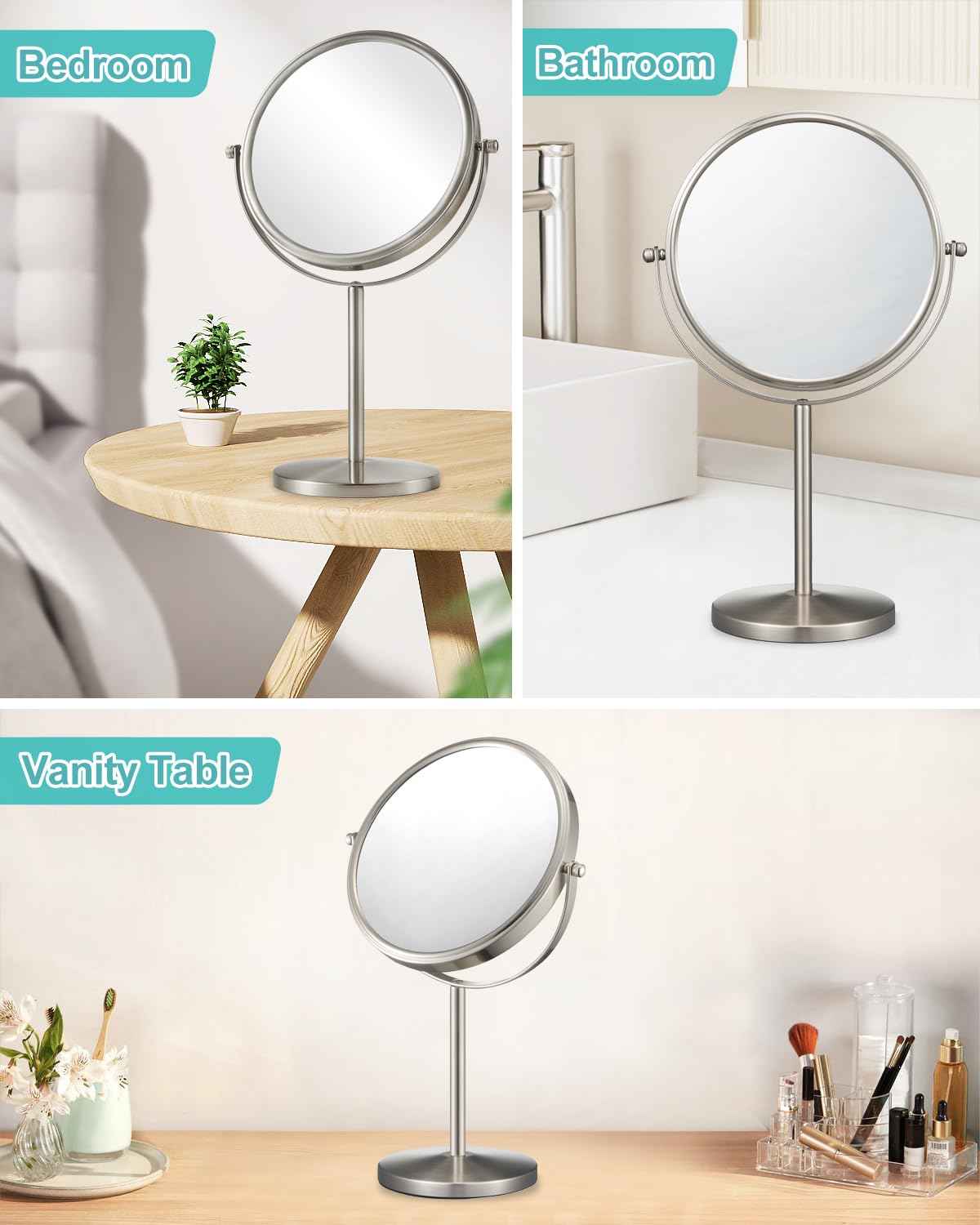 ALHAKIN 1X/15X Magnifying Makeup Mirror, Double Sided Mirror with Stand, Tabletop Desk Mirror 360°Rotation for Bathroom, Nickel