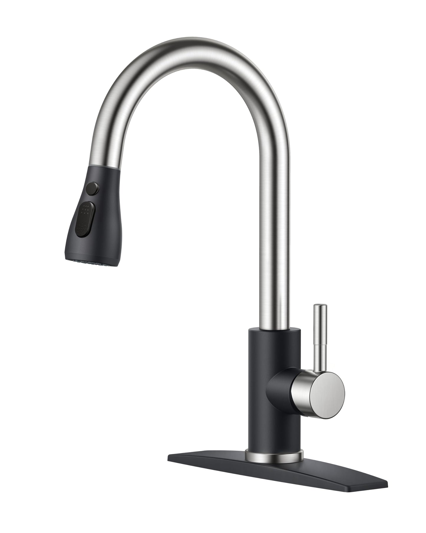 FORIOUS Kitchen Faucet with Pull Down Sprayer, Brushed Black, High Arc Single Handle, Deck Plate, RV Stainless Steel, 1.8 GPF