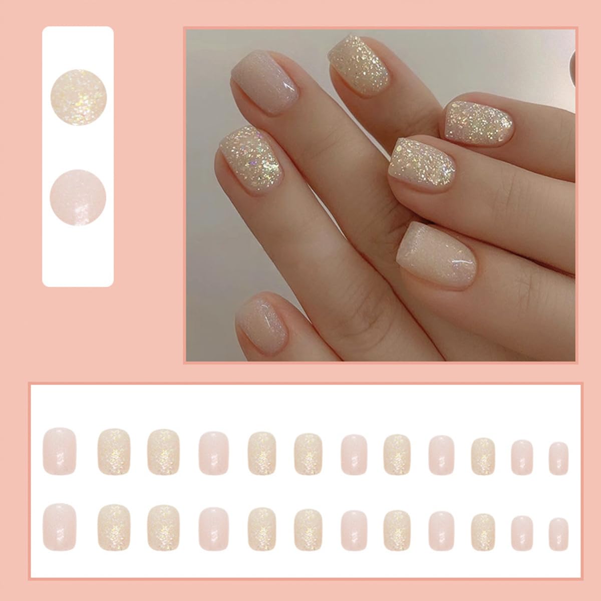 24Pcs Glitter Nude Press on Nails Short Square Fake Nails Glossy Glue on Nails Short False Nails Shiny Nail Art Decorations Artificial Full Cover Coffin Nails for Women DIY Acrylic Manicure Supplies