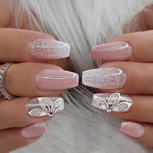 Medium Fake Nails Coffin Press on Nails Pink Glitter False Nails Summer Flower Designs Acrylic Glue on Nails Glossy Artificial Medium Stick on Nails for Women