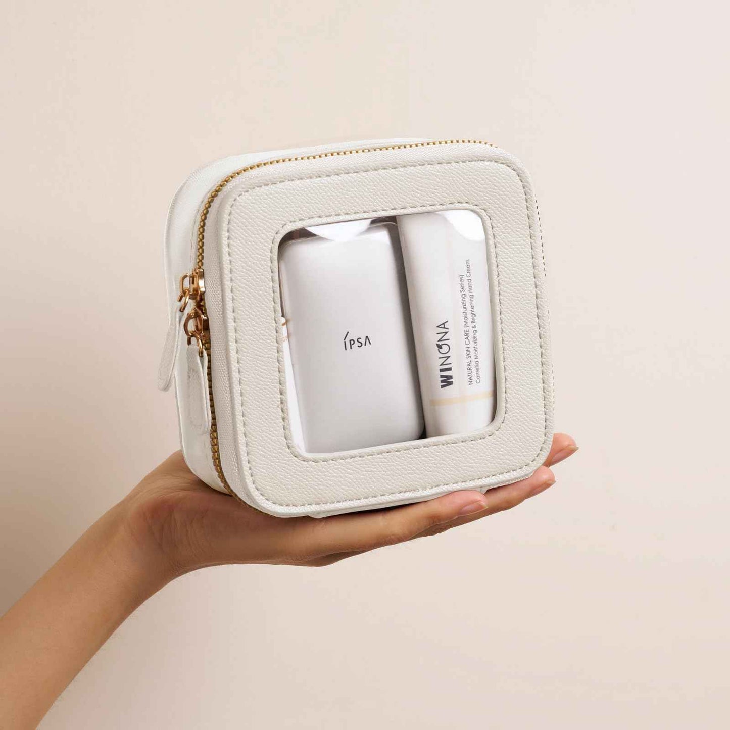 Oaque Clear Cosmetic Bag Set for Women Makeup Bag with Handle, TSA Travel Toiletry Bag Transparent Cosmetic Case Portable Make Up Organizer Bag for Essentials (White, Mini+S)