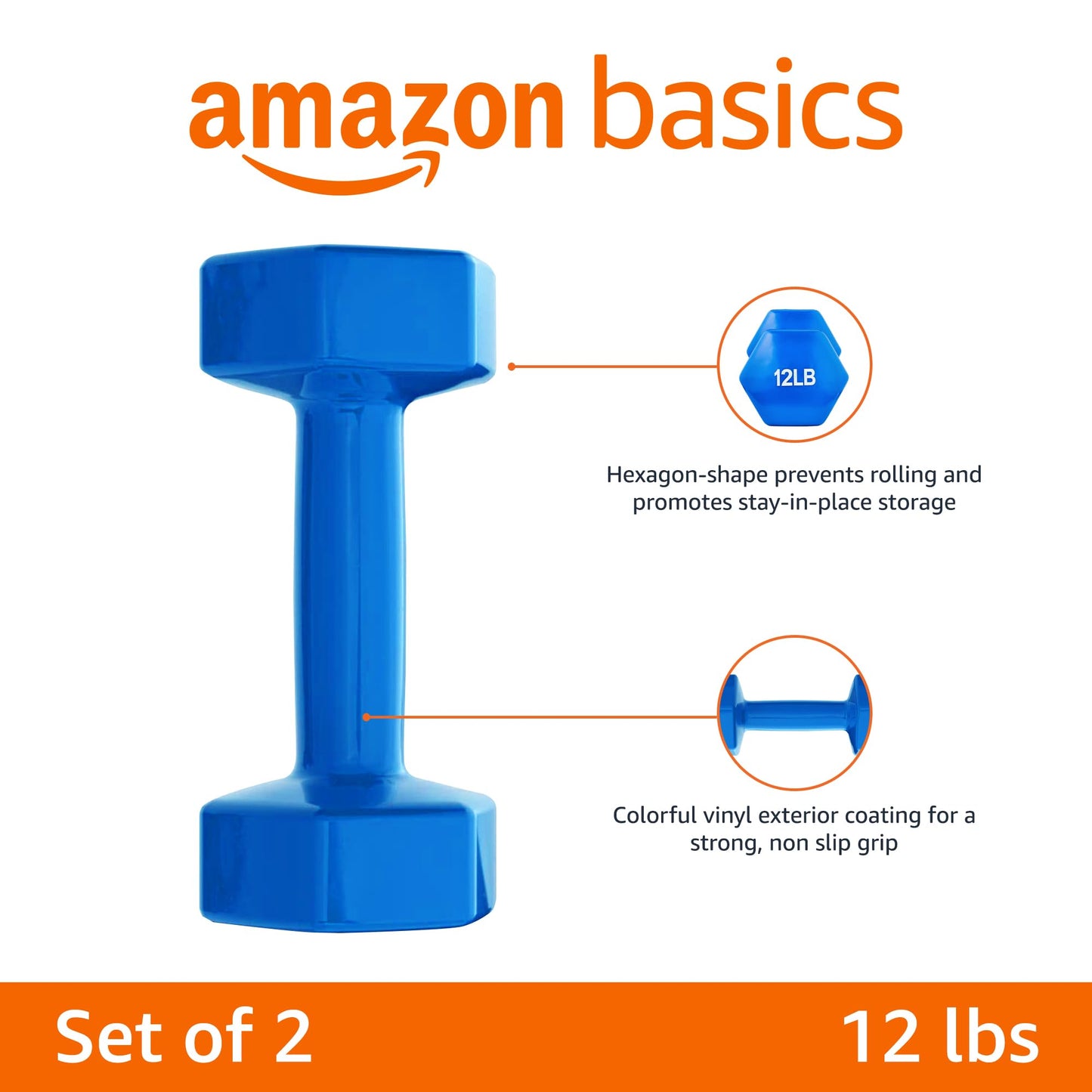 Amazon Basics Vinyl Coated Dumbbell Hand Weights, 12 Pounds, Pair, Blue