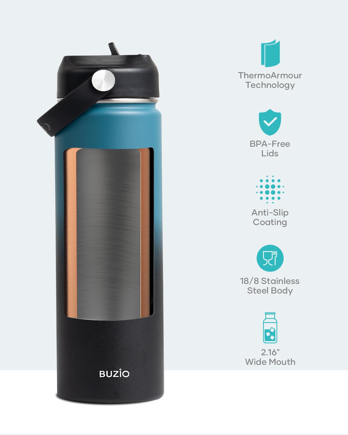 BUZIO Insulated Water Bottle with Straw Lid and Flex Cap, 22oz Modern Double Vacuum Stainless Steel Water Flask, Cold for 48 Hrs Hot for 24 Hrs Simple Thermo Canteen Mug, Indigo Black