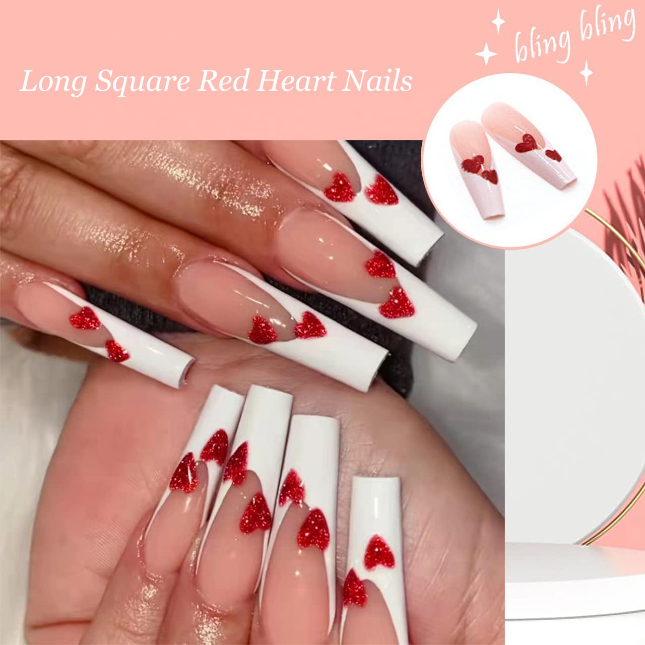 24 Pcs Heart Press on Nails Long Ballet Fake Nails Wine Red Heart Shining Glue on Nails Glossy False Nails with Designs Full Cover White Acrylic Valentines Nails for Women Girls Manicure Decorations