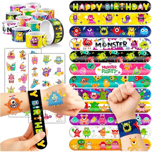 72PCS Monster Party Set - 48PCS Temporary Tattoos & 24PCS Slap Bracelets - Fun Monster-Themed Birthday Supplies, Baby Shower Gifts, Classroom Rewards & Party Decorations for Kids (Boys & Girls)