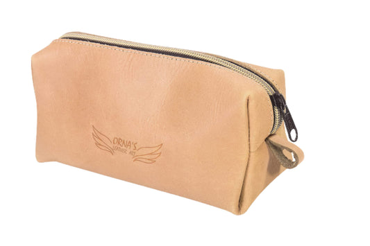 ORNA'S LEATHER ART WOODPECKER UNISEX SAND POUCH: Real Cowhide Men’s Women’s Tan Portable Toiletry Makeup Travel Case, Stylish, Handcrafted, Spacious, Zipper Close