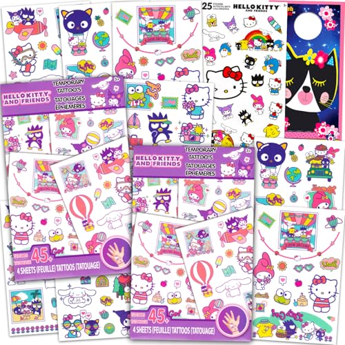 Hello Kitty Temporary Tattoo Set - Bundle with 90+ Hello Kitty and Friends Temporary Tattoos Plus Stickers, More | Sanrio Party Favor Supplies for Kids, Girls