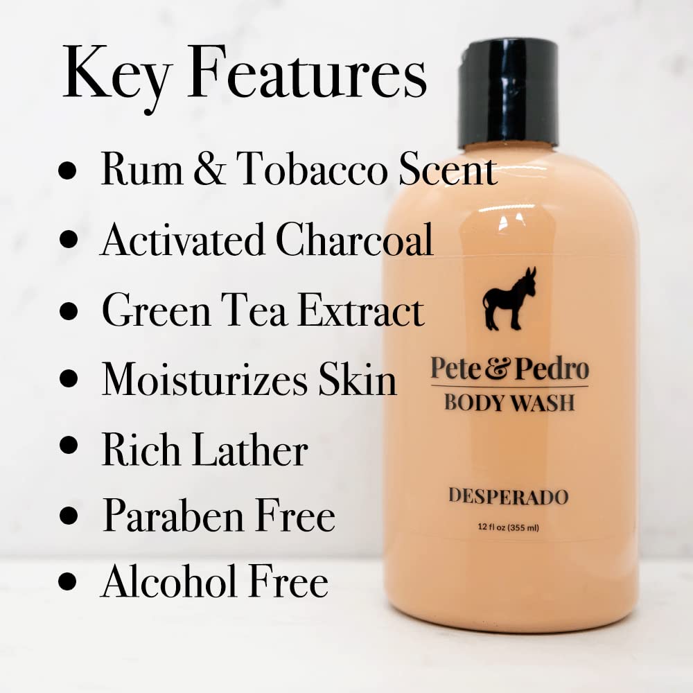 Pete & Pedro GOLD BODY WASH For Men - Masculine Leather Scented Moisturizing Men's Shower Bodywash | Has Activated Charcoal & Helps With Dry Skin | As Seen on Shark Tank, 12 oz.