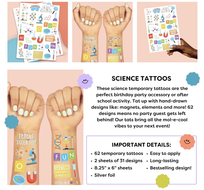 Science Party Temporary Tattoos - 62 Silver Foil Designs