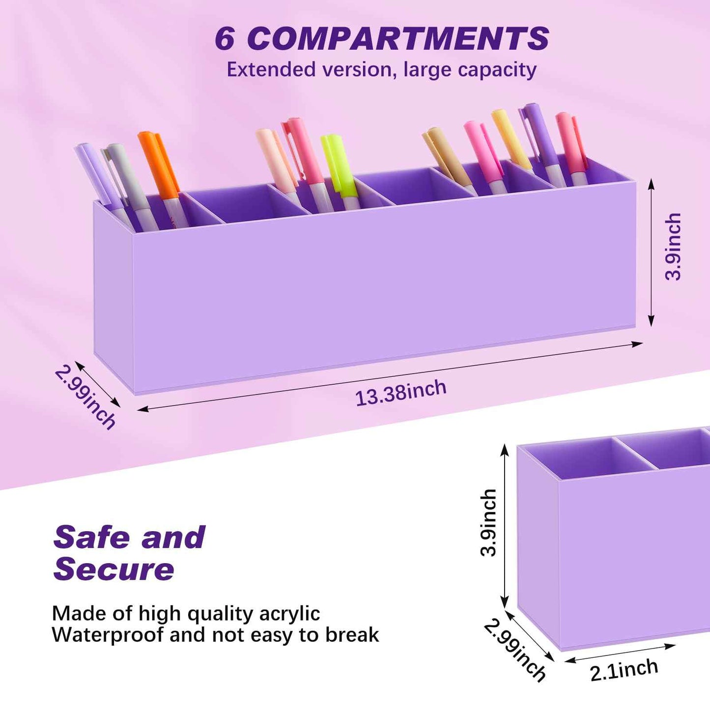 Jetec Acrylic Pen Holder 6 Compartments Makeup Brush Stationery Organizer Pencil Holder for Desk Accessories, Cosmetic Brushes, Dorm, Home, Bathroom, Kitchen, Office Supplies(Purple)