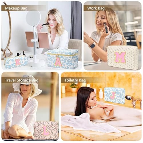 3 PCS Travel Makeup Bag Set, A?Z Initials Cotton Quilted Cosmetic Bag for Women & Preppy, Personalized Toiletry Bag Travel Accessories Makeup Brushes Organizer, Valentine¡¯s Day & Birthday Gift for Her