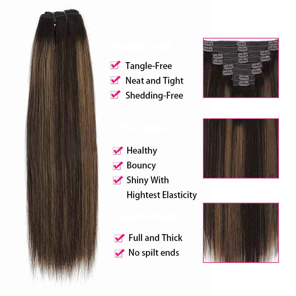 Balayage Clip in Hair Extensions Real Human Hair Straight Highlight Human Hair Clip ins for Women, Natural Soft Remy Human Hair, 8Pcs 120g, 16inch #2/6/2 Balayage Dark Brown to Chestnut Brown