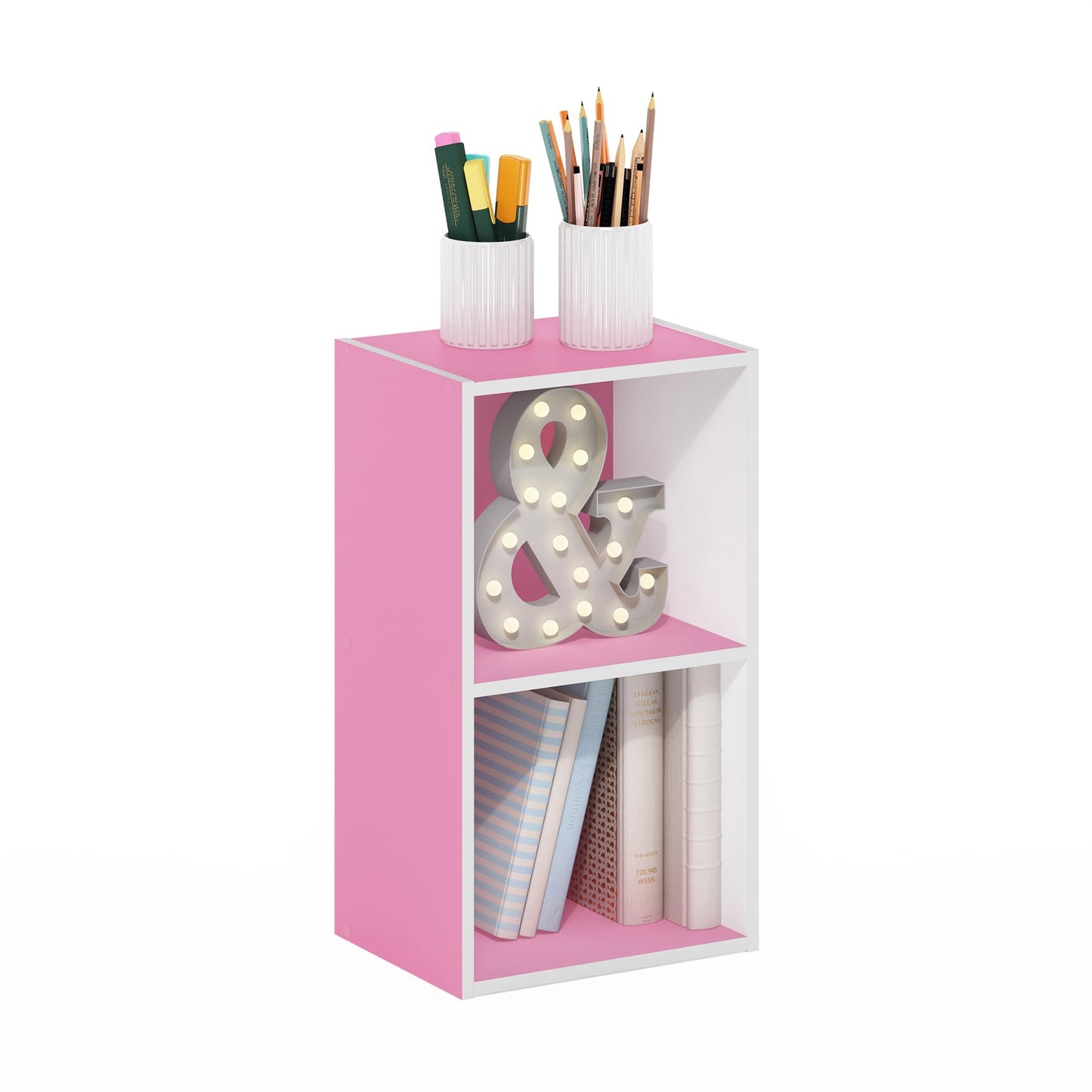 Furinno Luder Bookcase / Book / Storage, 2-Tier Cube, Pink/White