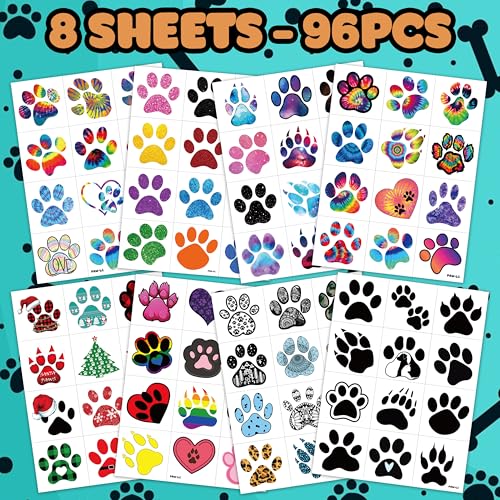 96 Pcs Cat Dog Paw Print Temporary Tattoos for Kids