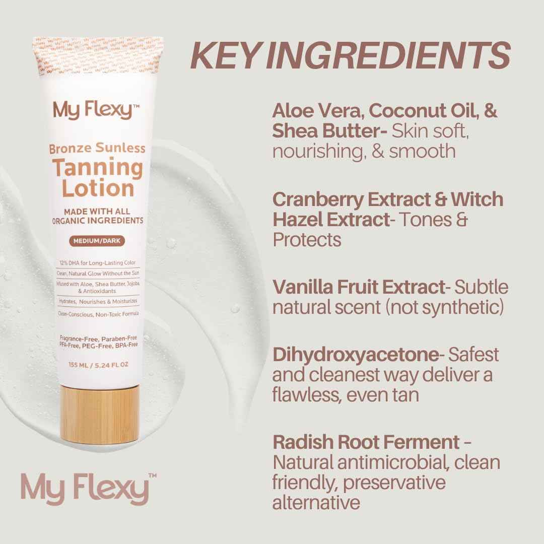 Sunless Tanning Lotion–100% Organic-Medium/Dark Tan, Natural Self Tanner, Non Toxic Gradual Tanning Moisturizer, Streak-Free Self Tanning lotion for body, Sunless Tanner for Fake Tan for Women & Men