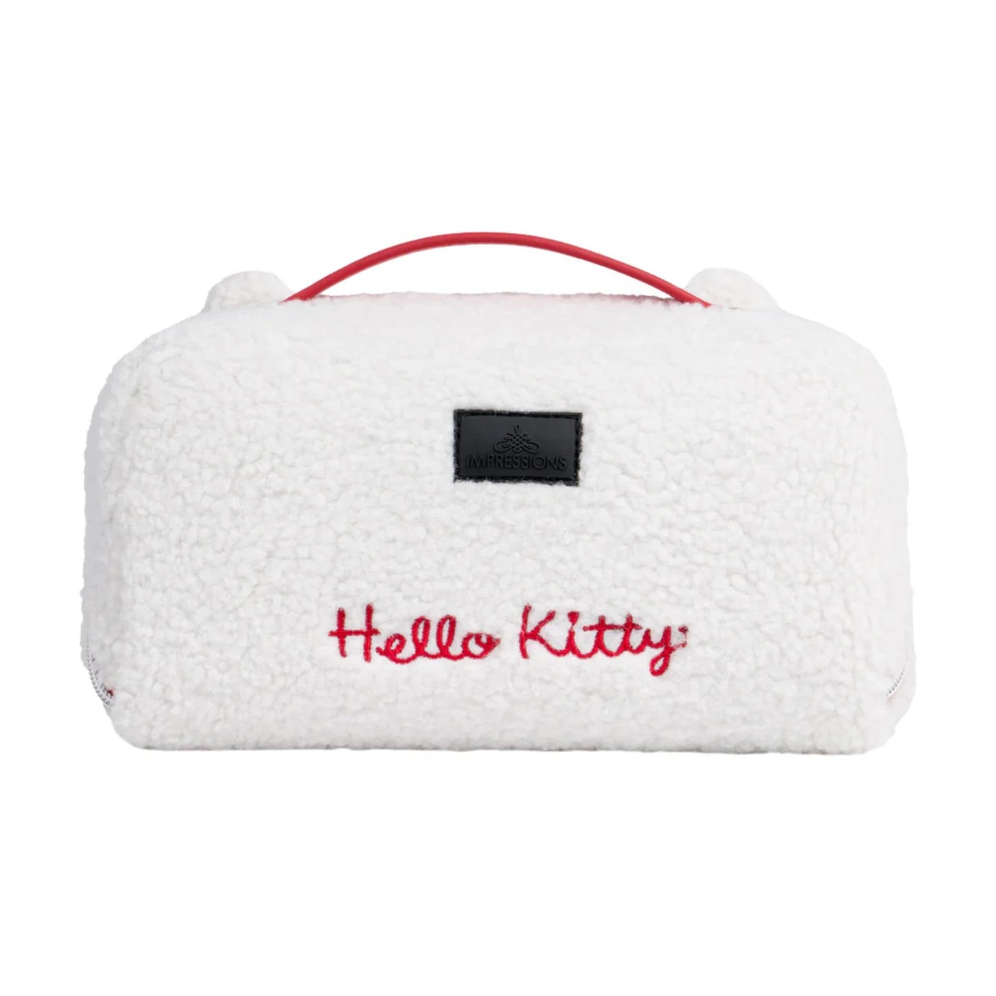 Impressions Vanity Hello Kitty Unfold Travel Makeup Bag Organizer, Opens Flat Zippered Cosmetic Bag with Cozy Sherpa Fabric Texture, Dual Compartments, Inner Pockets, Top Carrying Handle