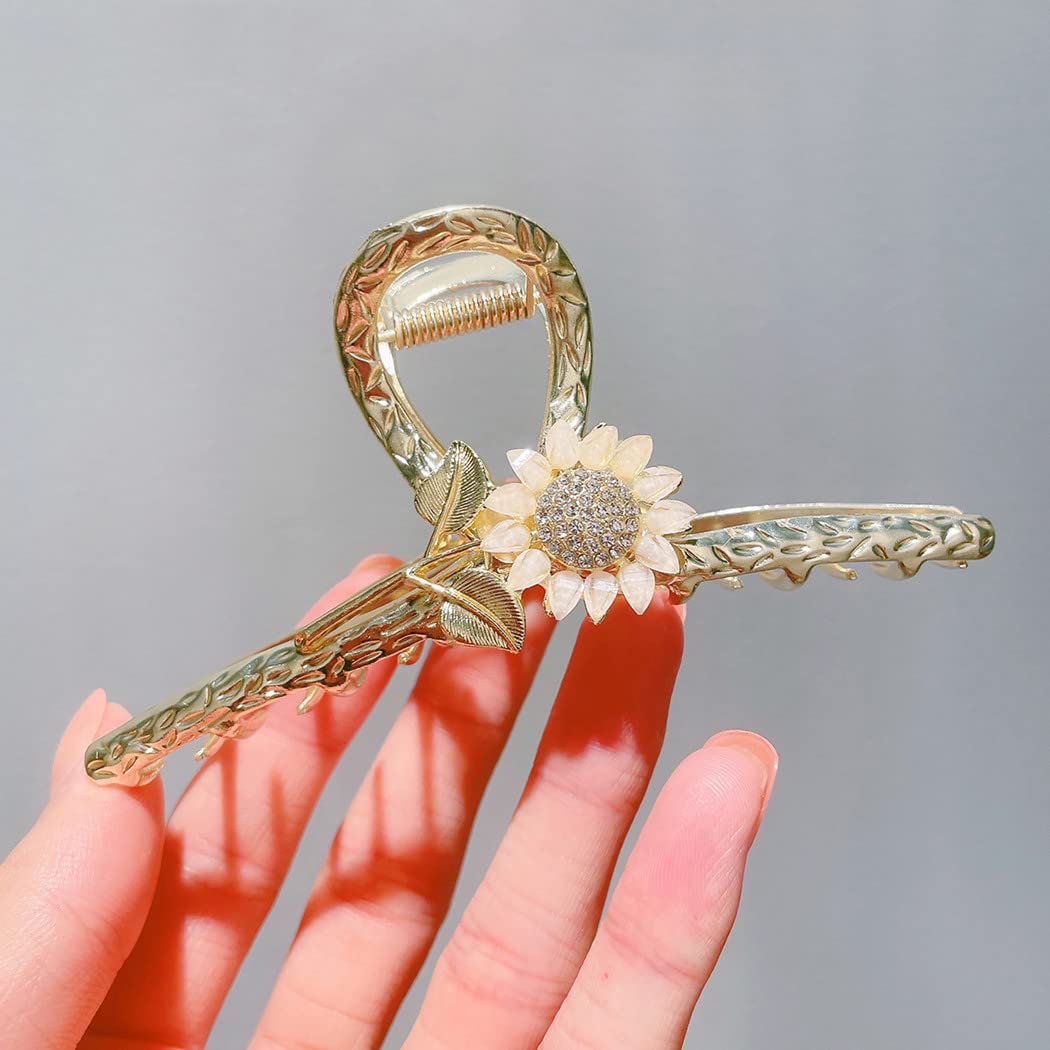 Large Metal Hair Claw Clips for Women, Sinide 3 Pack Sunflower Shaped Rhinestone Imitation Pearl Hair Barrettes Nonslip Hair Clamps Accessories for Thin Thick Curly, Hair Styling for Ladies Girls