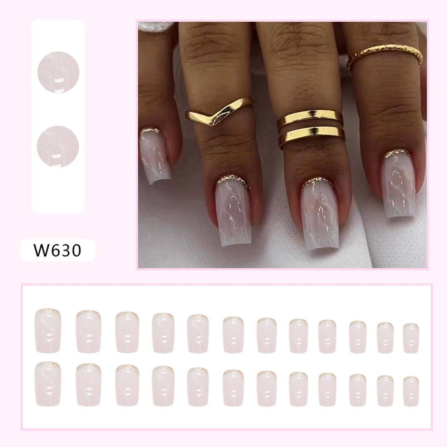 Tyuimhx False Nails, 24Pcs Press on Nails Medium Ballerina Clear Acrylic, White Marble Texture Designs, Full Glossy Glue on Nails for Women