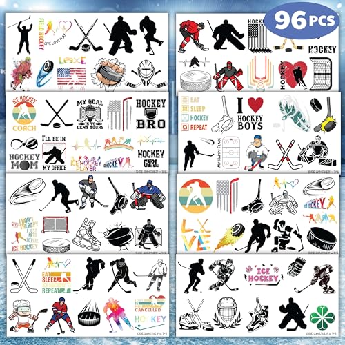 96PCS Ice Hockey Temporary Tattoos - Sport-Themed Birthday Party Supplies, Cute Decorations, Party Favors, Gifts for Boys & Girls, Classroom Prizes, Winter Ideas