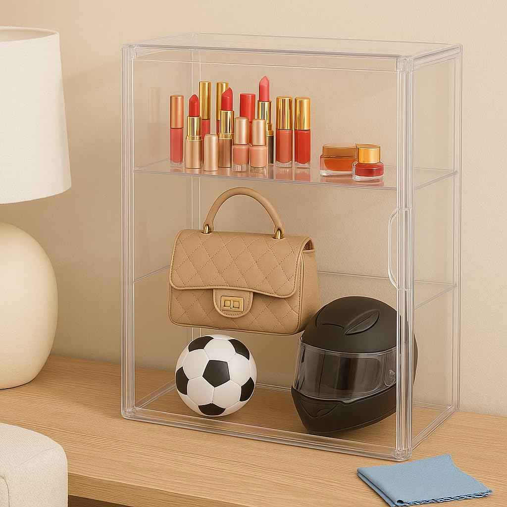 OFRIN 2 Pack Acrylic Display Case with Cleaning Cloth, Magnetic Door & 4 Adjustable Dividers, 3 Tier Display Cases, Stackable Clear Organizers, Acrylic Box, Display Cases