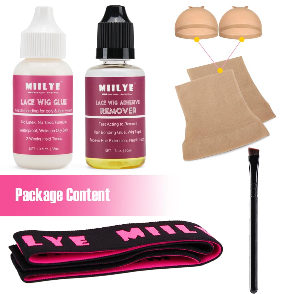 MIILYE Wig Glue for Front Lace Wig and Lace Glue Remover Set, Invisible Waterproof Hair Replacement Bonding Glue + Solvent + Lace Melting Band + Glue Application Brush