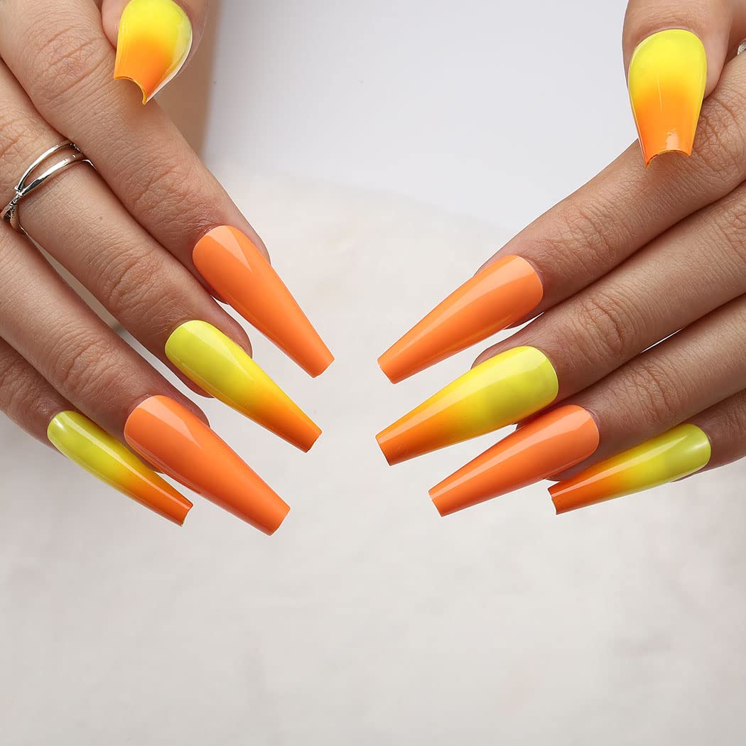 Gangel Coffin Press on Nails Extra Long Fake Nail Ballerina False Nails Glossy Full Cover Yellow Orange Fake Nails Acrylic Daily Wear Party for Women and Girls 24Pcs (Autumn)