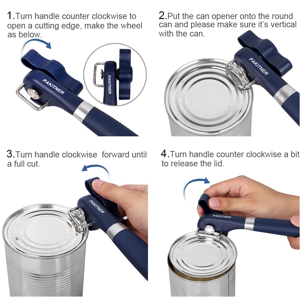 PAKITNER-Cut safe can opener, Manual can opener smooth edge-handheld Side cut can opener, Ergonomic Smooth Edge, Food Grade Stainless Steel Cutting Can Opener for Home, Kitchen & Restaurant,Navy Blue