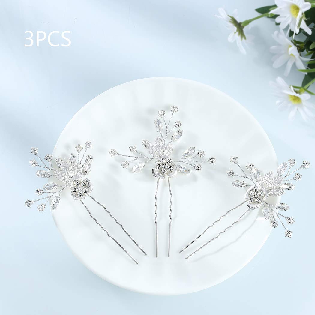 Jeweky Bride Wedding Crystal Hair Pins Clips Bridal Hair Pieces Flowers Hair Accessories Jewelry for Women and Girls (Pack of 3) (Silver)