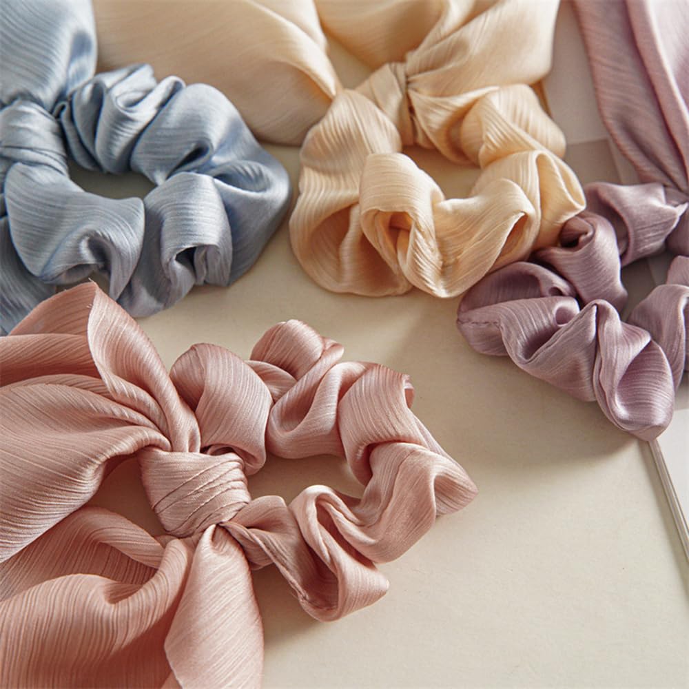 Soft Ribbed Chiffon Scrunchies and Hair Ties with Bows for Women and Girls - Black & Beige 5Pcs Set for Long Hair Ponytails and Updos