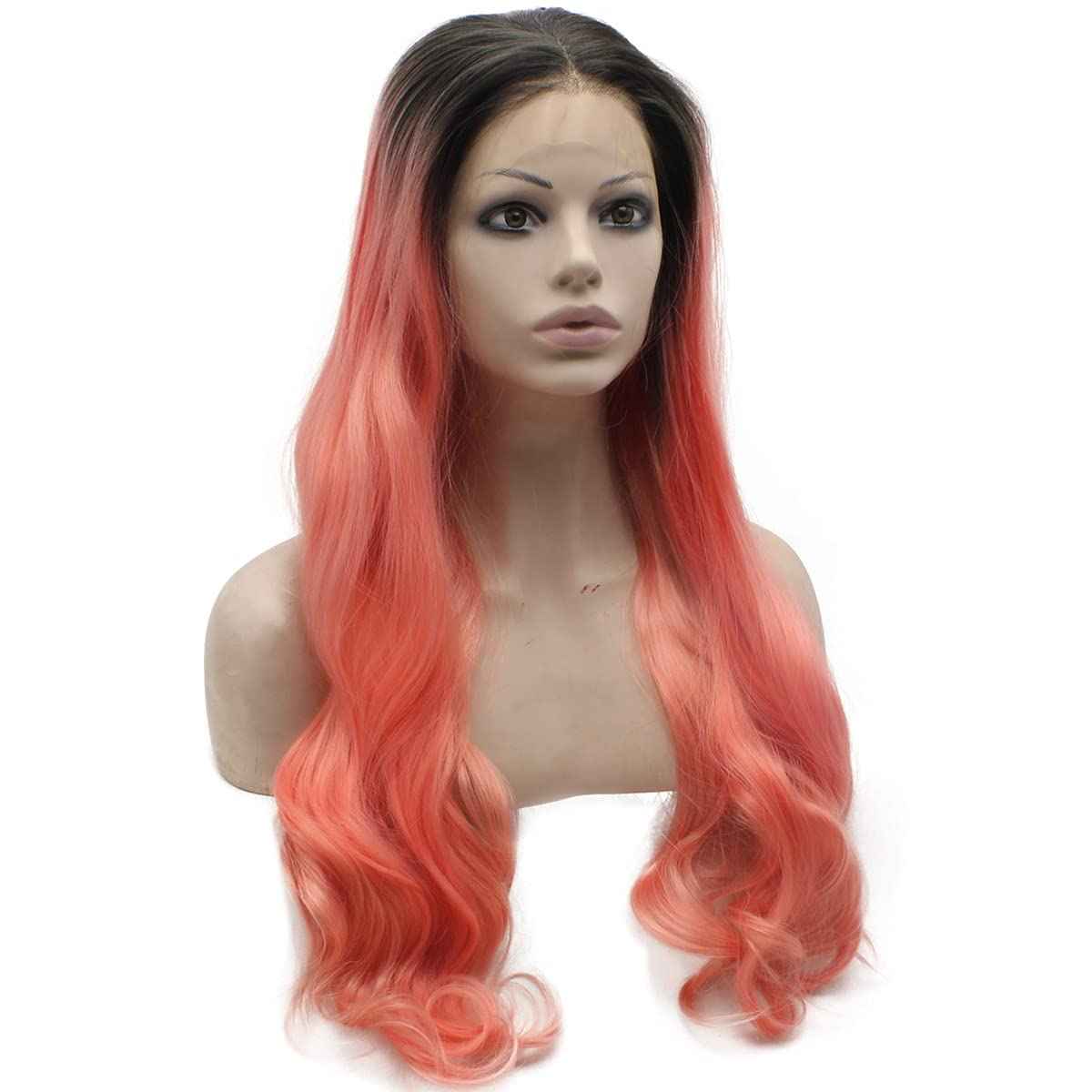 MX angel Long Black Roots Pink Hand Tied Synthetic Wig Lace Front Heat Resistant Fiber Hair