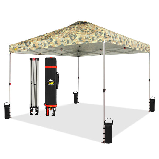 CROWN SHADES 10x10 Pop Up Canopy, Patented Center Lock One Push Instant Popup Outdoor Canopy Tent, Newly Designed Storage Bag, 8 Stakes, 4 Ropes, Camouflage Beige&Coffee