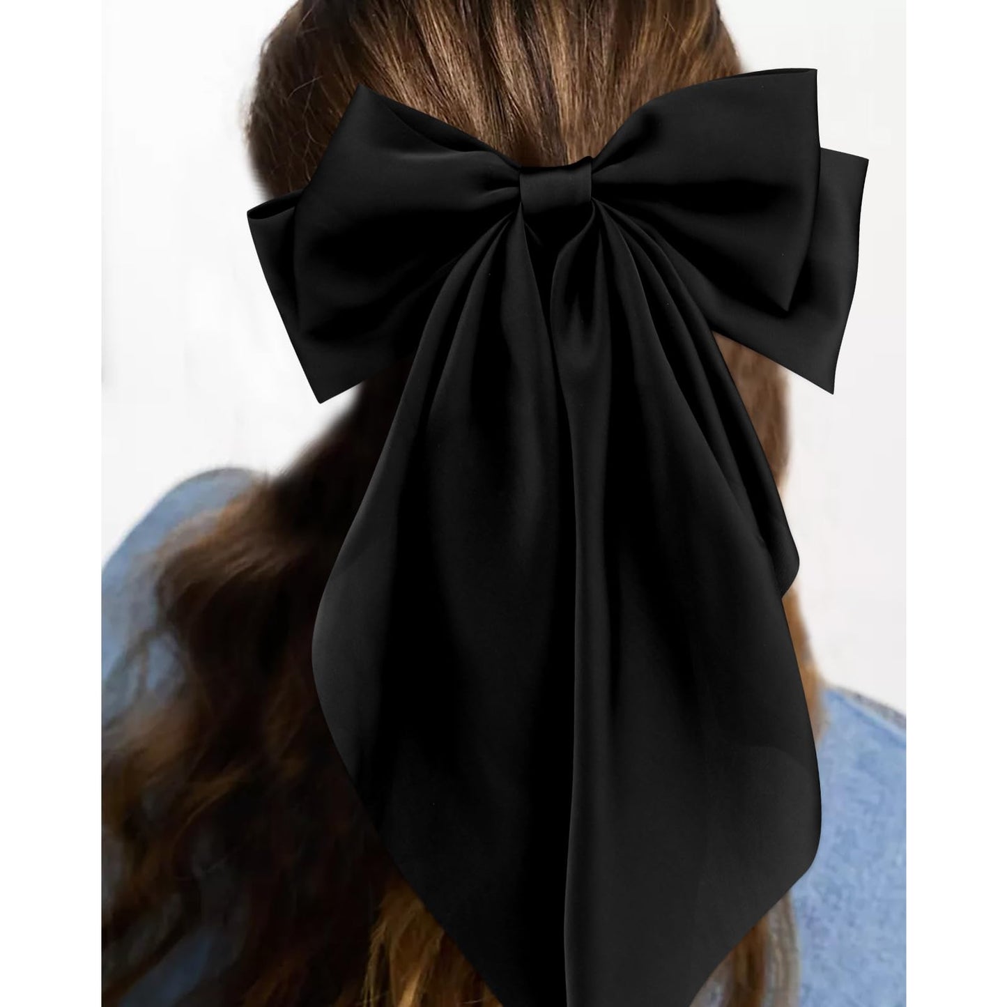 Velscrun Hair Bows for Women Girls 3Pcs White Black Green Silky Satin Large Bows Hair Clip Oversized Hair Ribbons Long Tail Big Bows Hair Accessories