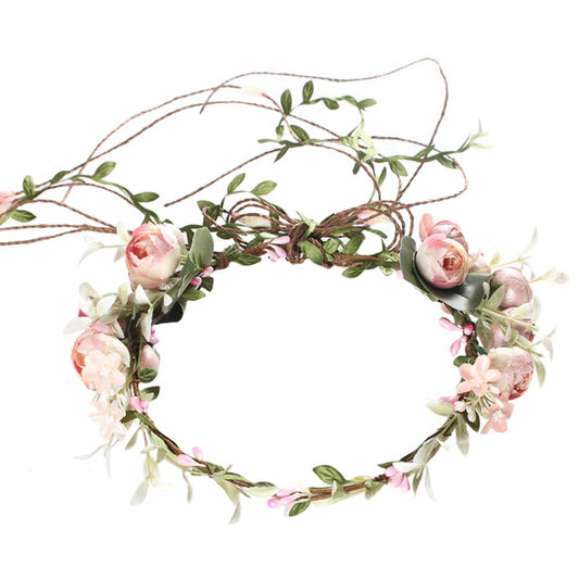 Rose Flower Headband Floral Leaf Crown Hair Bands Leaves Berry Vine Wreath Women Wedding Bridal Hair Hoop Boho Hairband Headpiece Party Decoration Cosplay Costume Cute Handmade Hair Accessories Pink