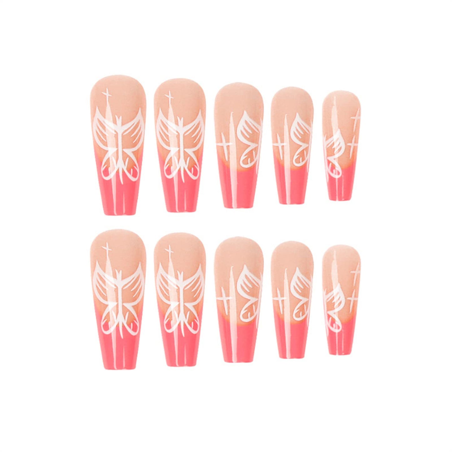 Pink French Tip Press on Nails Long Coffin Fake Nails Artificial False Nails with White Butterfly Design Nude Full Cover Stick on Nails Glossy Glue on Nails for Women Acrylic Nails 24 Pcs