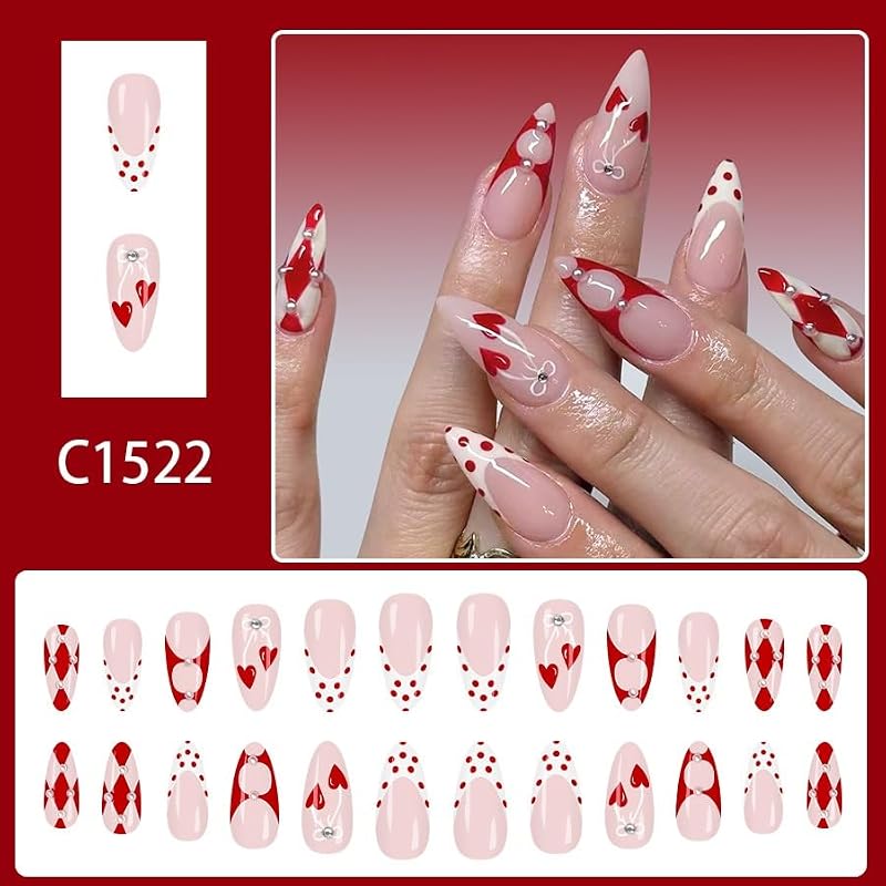 Polka Dot Almond Press-On Nails with Cherry Bow Design - 24 Pcs