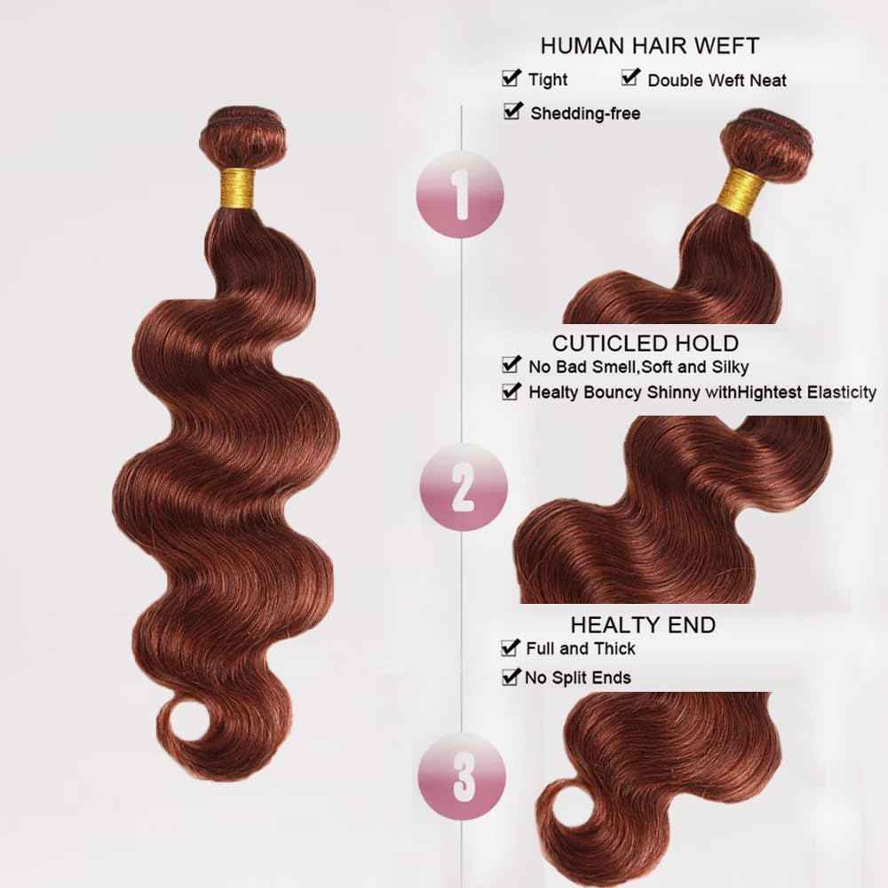 Color 33 Bundles Human Hair Auburn Body Wave Bundles Huxowax Peruvian Virgin Remy Hair Single Bundle 20 Inch Double Weft Copper Red Body Wave Bundle