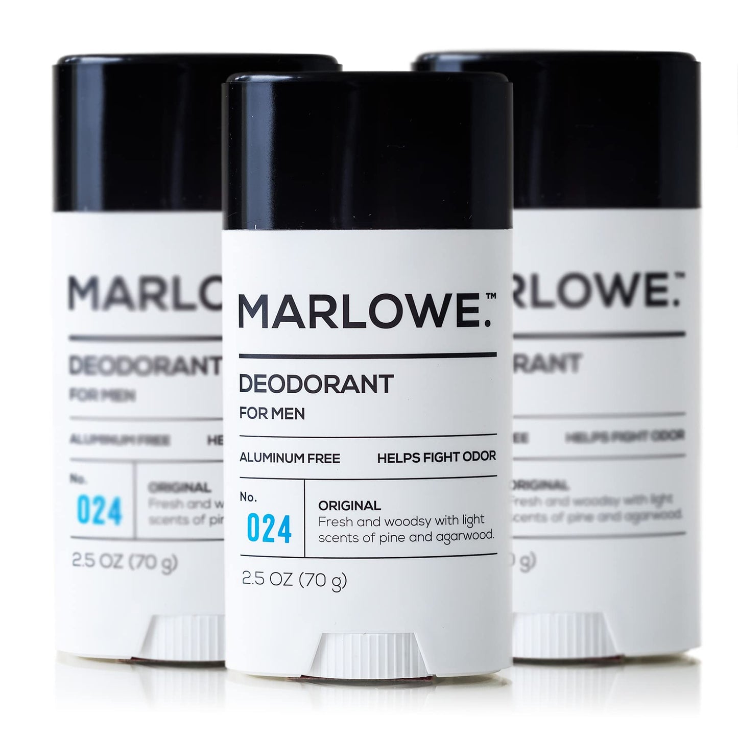 MARLOWE. No. 024 Natural Deodorant for Men 3-Pack | Aluminum Free Stick | Made with Coconut Oil, Shea Butter, Jojoba | Only No-Nonsense Ingredients that Work Best | Fresh & Woodsy Scent