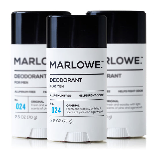 MARLOWE. No. 024 Natural Deodorant for Men 3-Pack | Aluminum Free Stick | Made with Coconut Oil, Shea Butter, Jojoba | Only No-Nonsense Ingredients that Work Best | Fresh & Woodsy Scent