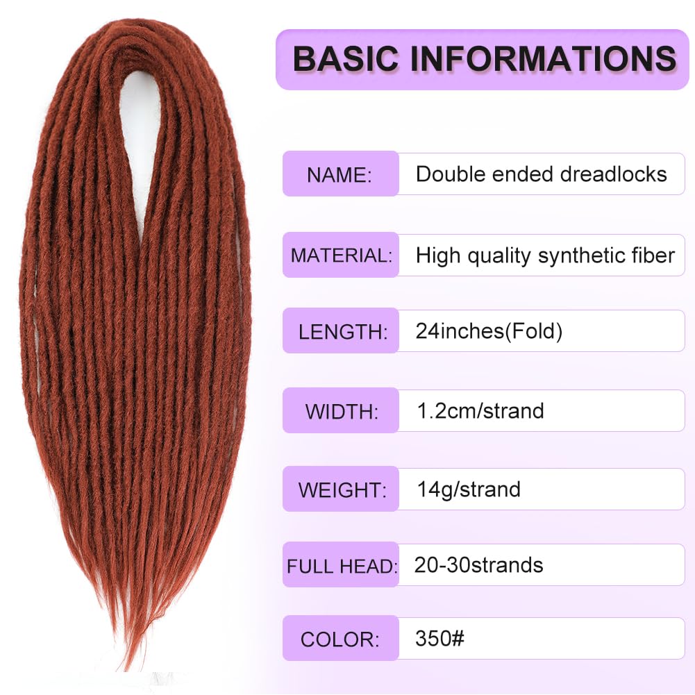 BUFENGSUN Straight Dreads Synthetic Double Ended Dreadlock Extensions 24inches 5 Strands Width 1.2cm Soft DE Dreadlocks Extensions for Women (5 Strands, #350)