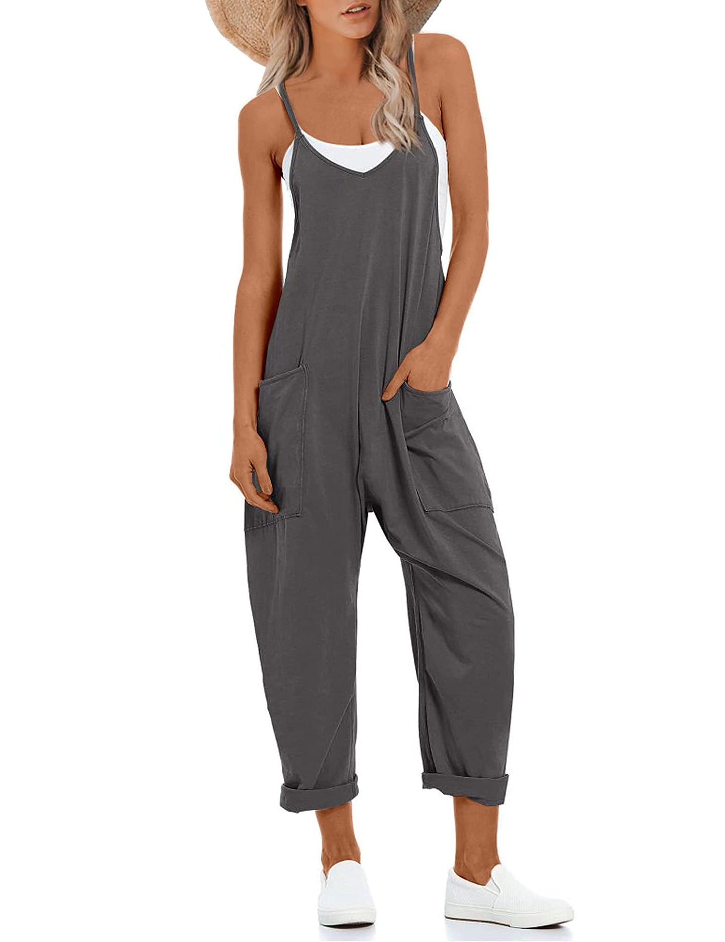 Lentta Women's Causal Jumpsuits V Neck Sleeveless Harem Overalls Stretchy Adjustable Strap Romper with Pockets(DarkGrey-S)