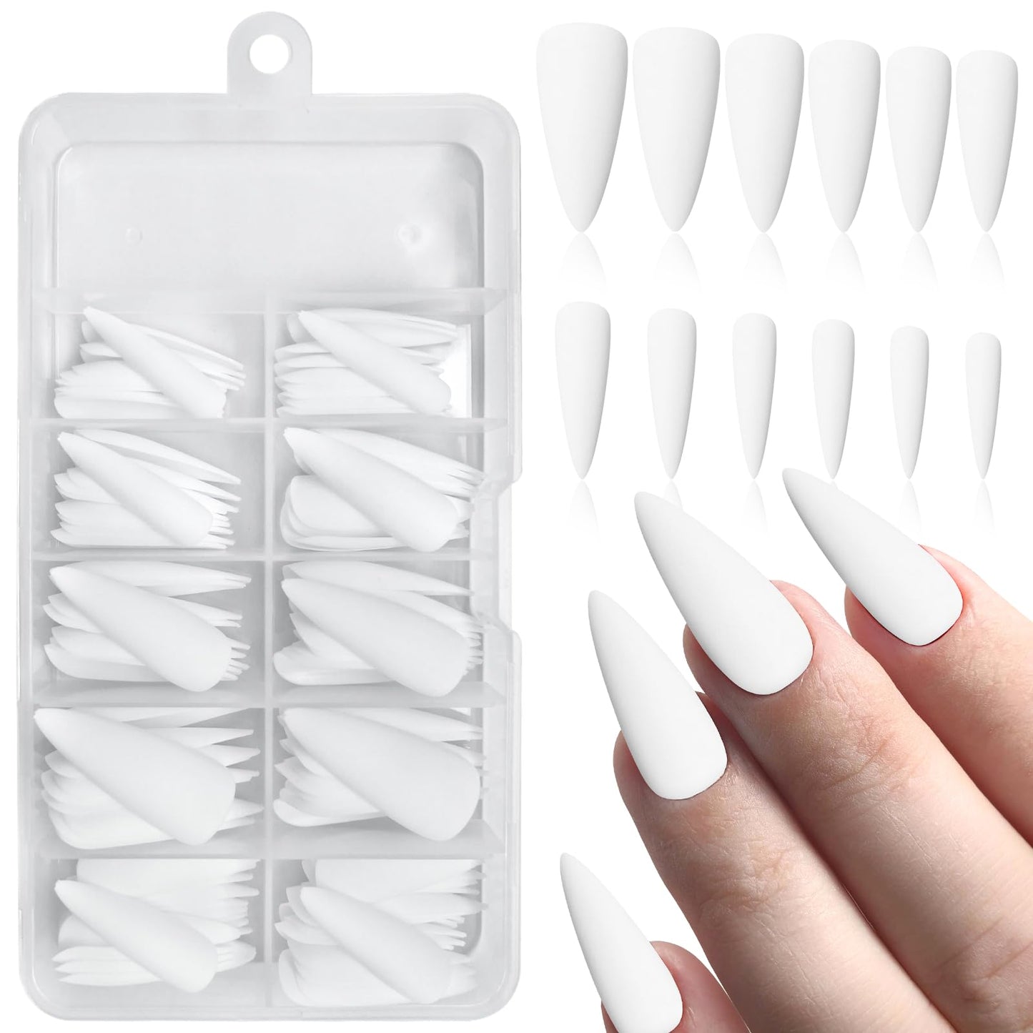 Bellelfin 120pcs Long Press on Nails Stiletto Nails Press on Full Cover Matte Fake Nails Pure Colored Stiletto False Nail Acrylic Glue on Nails for Women Girls,White Nails