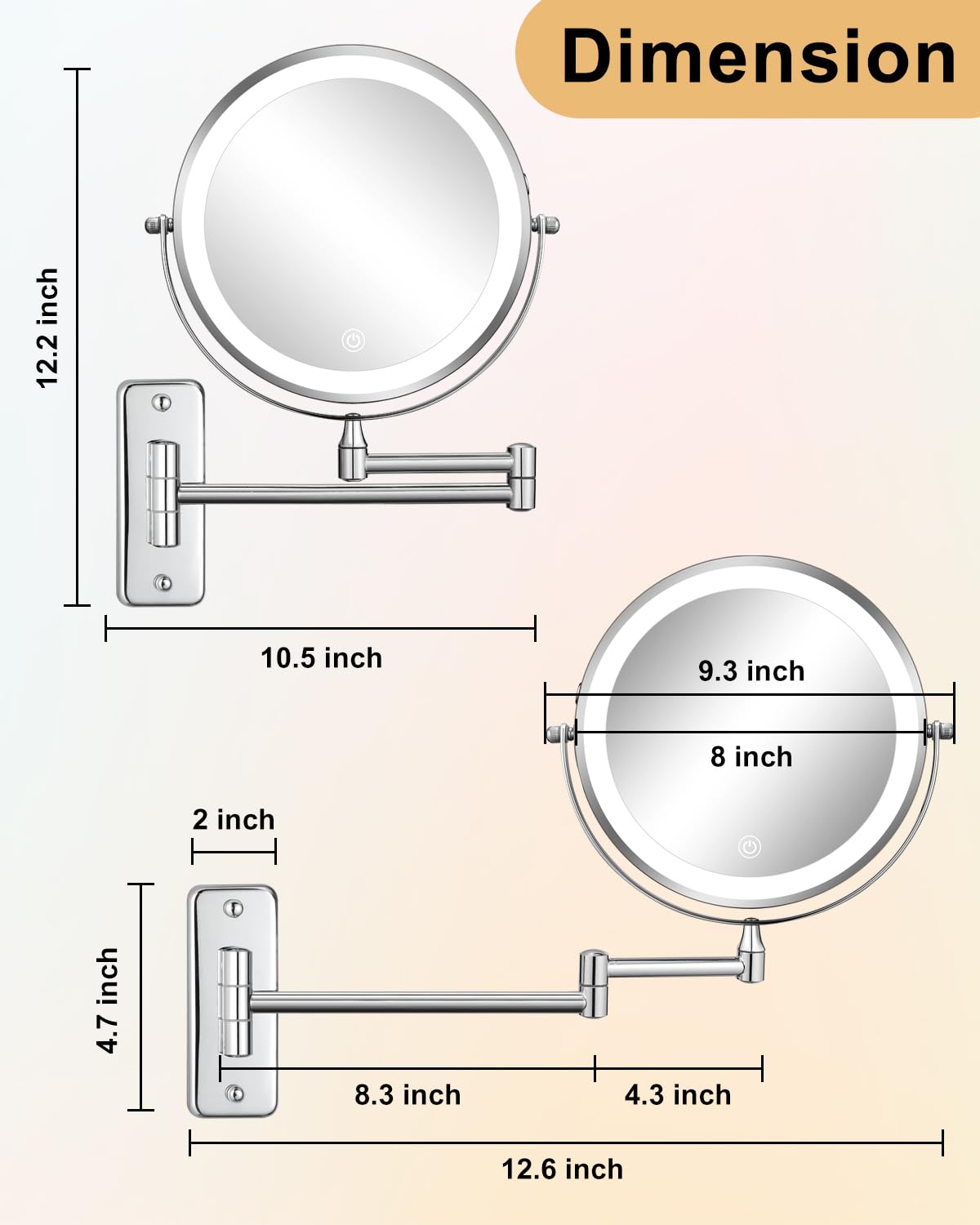 DECLUTTR Rechargeable Wall Mounted Makeup Mirror, 8 Inch 1X/10X Magnifying Mirror with 3 Color Lights, Dimmable LED Lighted Makeup Mirror with Double Sided