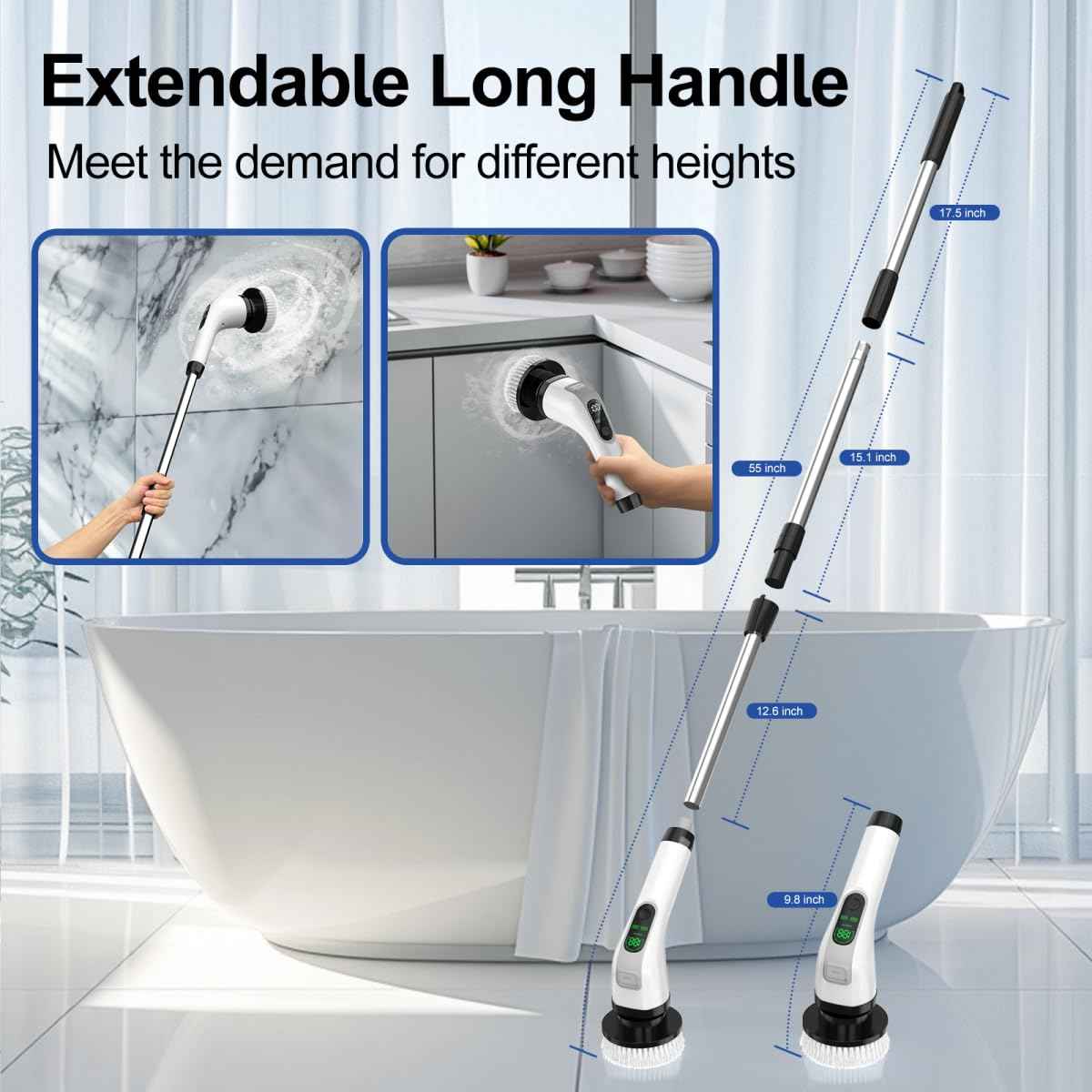 ALPONO Electric Spin Scrubber with Long Handle: Cordless Power Shower Scrubber - Spin Brush with 7 Brush Replacement Heads for Cleaning Bathroom,Tub, Tile, White, ALPONO-A11