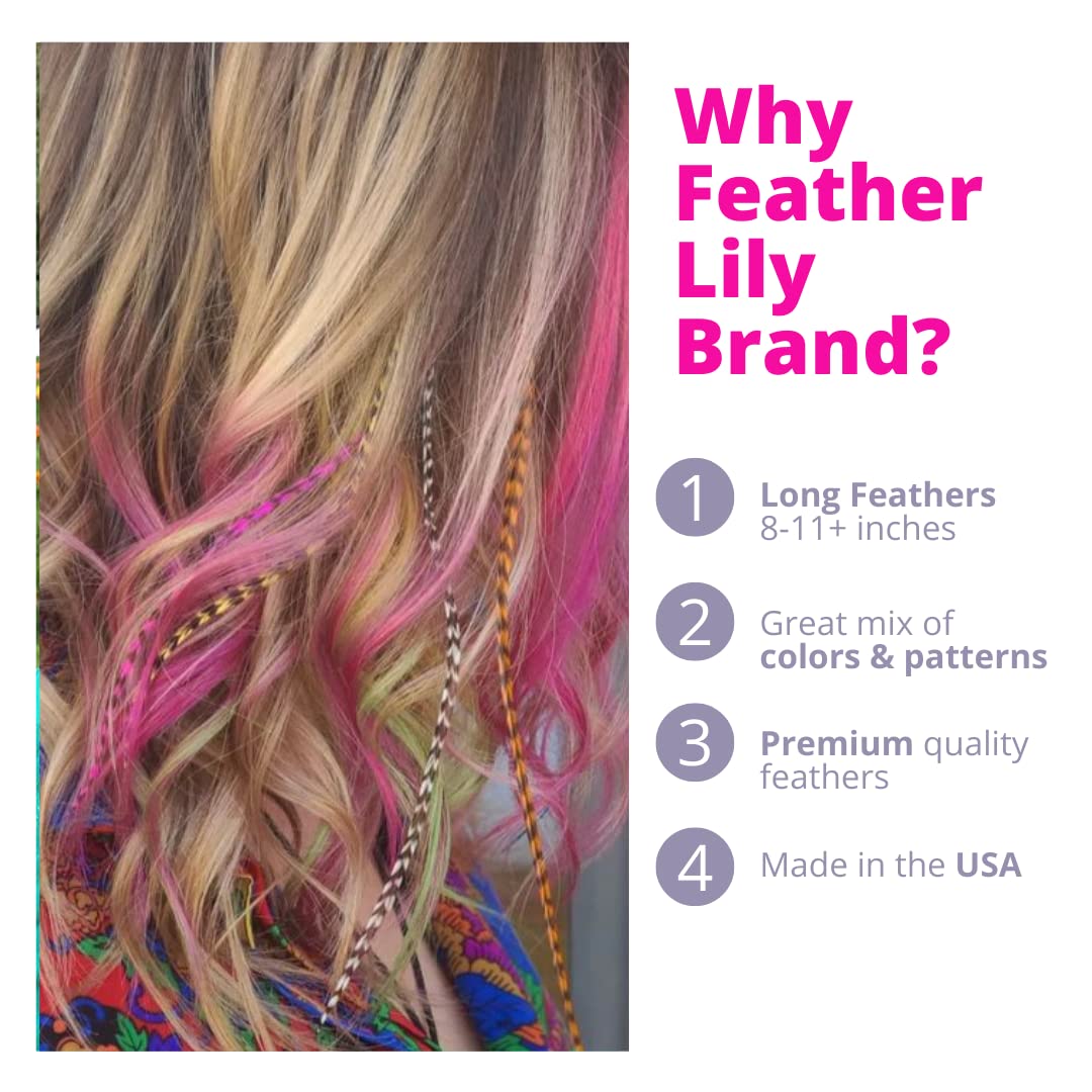 60 Hair Feathers Extension Kit, 100% Real Rooster Feathers, Long Feather Hair Extensions in Pink, Purple, and Blue by Feather Lily